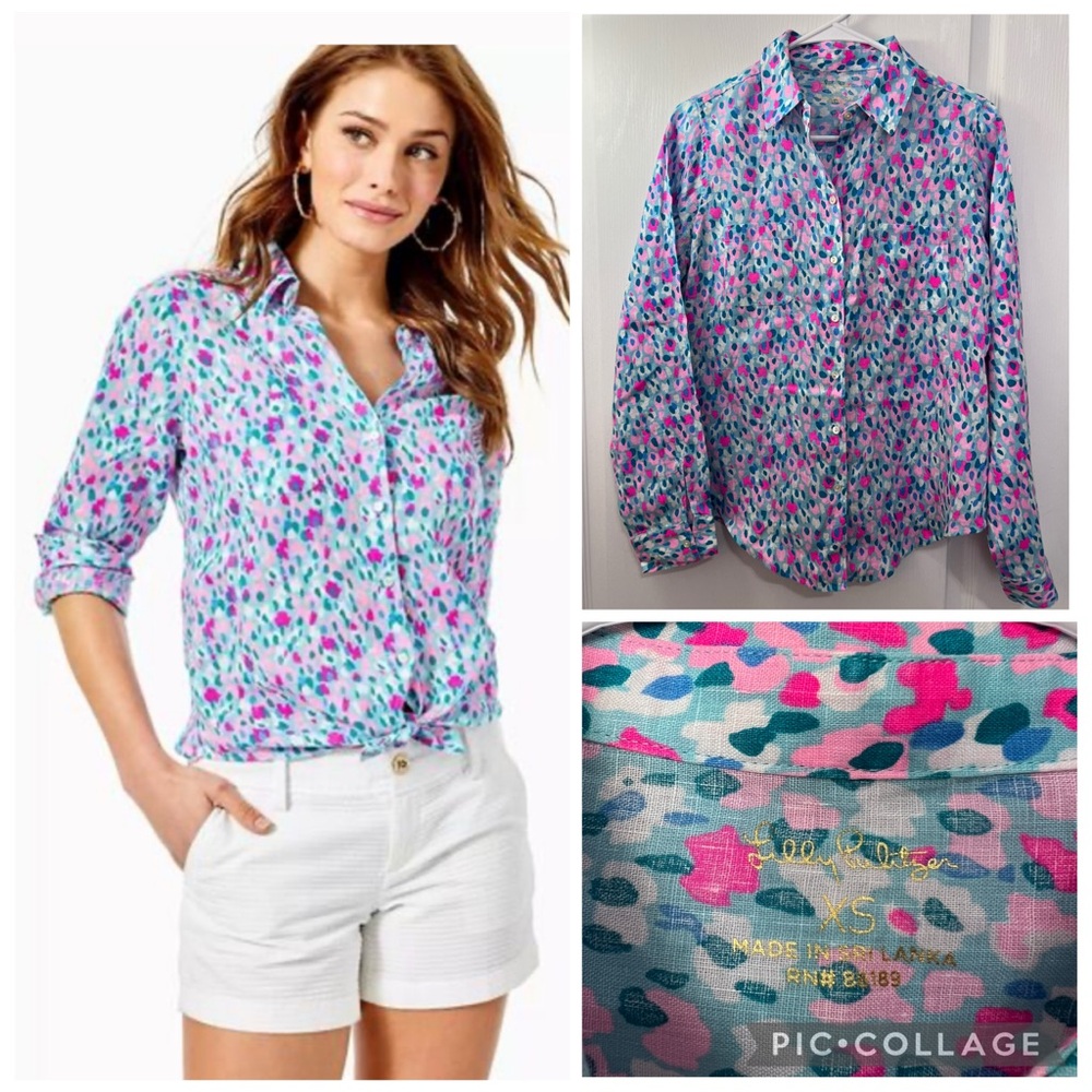 Lilly Pulitzer Sea View 100% Linen long sleeve Button Down Shirt size XS